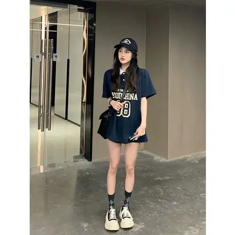 polo领短袖t恤女夏季2022新款宽松韩版学院风小众设计感半袖上衣图片