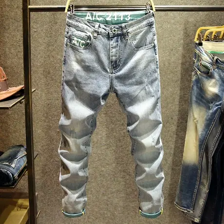 夏季港风青年修身牛仔裤男潮牌小脚裤子弹力水洗印花小直脚裤薄款商品大图