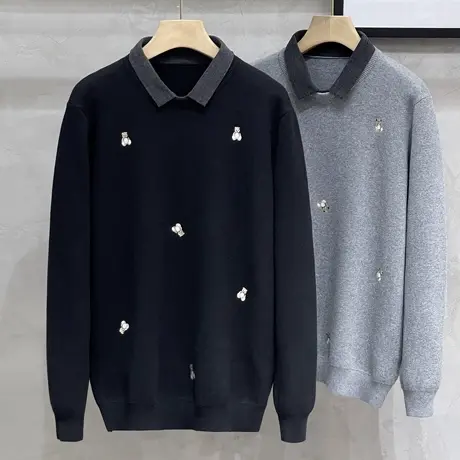 秋冬季假两件衬衫领毛衣男士2023新款男装秋装男生小熊刺绣针织衫商品大图