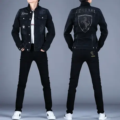 黑色烫钻潮牌牛仔套装男春百搭2023牛仔外套上衣夹克修身小脚裤子图片