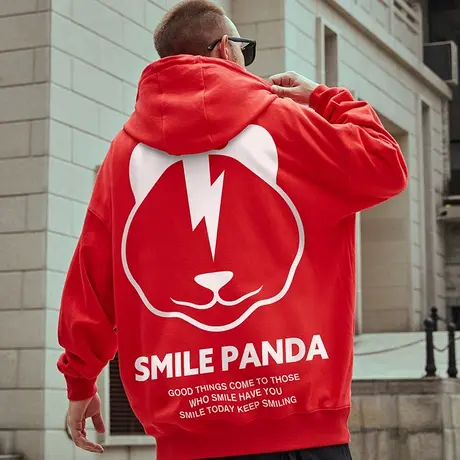 熊猫加绒连帽加肥加大码潮牌胖子oversize宽松2023新款红色卫衣男图片