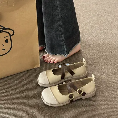 永希单鞋女温柔晚晚鞋平底玛丽珍鞋2023年新款夏季复古浅口小皮鞋商品大图