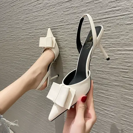 2023夏季新款包头凉鞋女尖头蝴蝶结高跟鞋性感后绊带百搭细跟单鞋商品大图