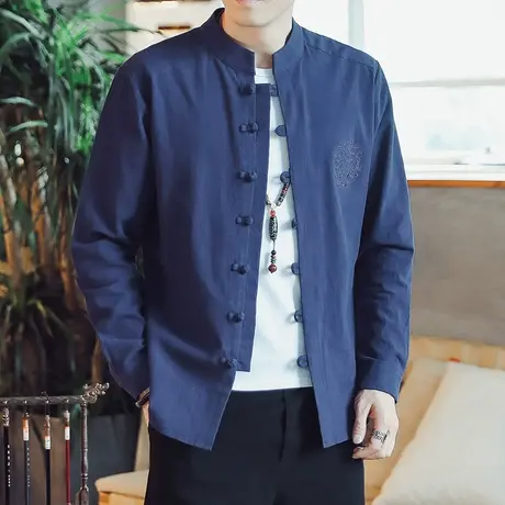 秋季男长袖外套休闲复古盘扣对襟衬衫棉麻中式刺绣青年唐装中国风图片