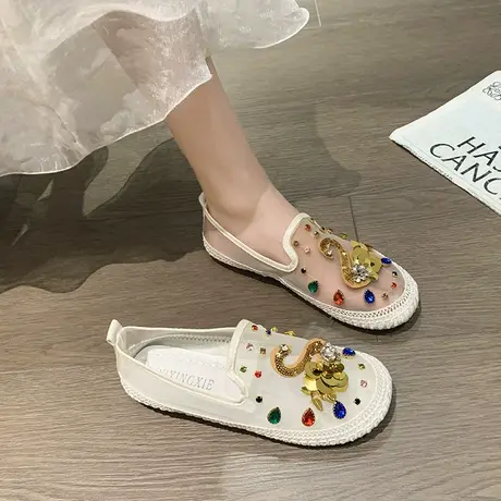网纱包头平底外穿凉拖女2024夏季新款彩钻刺绣无后跟懒人渔夫鞋女商品大图
