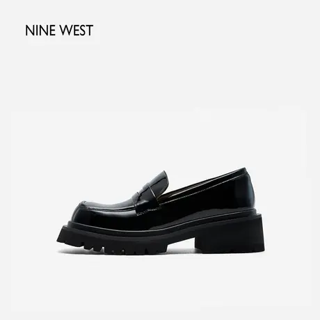 Nine West/玖熙乐福鞋女厚底春季新款方头粗跟软底通勤小皮鞋百搭图片