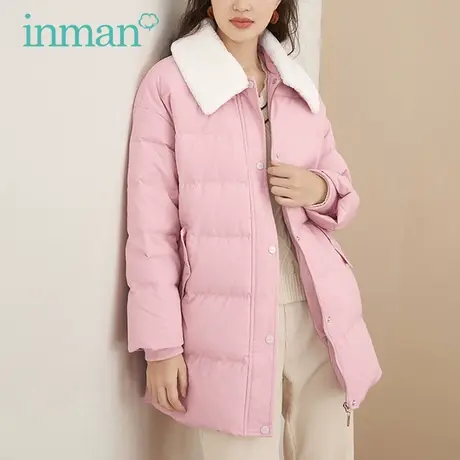 茵曼清仓反季羊羔毛翻领羽绒服2023新款收腰显瘦白鸭绒中长款外套图片