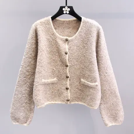 复古小香风软糯毛衣外套女秋冬2023新款设计感宽松短款针织开衫商品大图