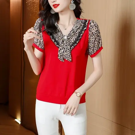 2023夏季新款韩版短袖拼接T恤V领女上衣宽松显瘦洋气豹纹衬衫女商品大图