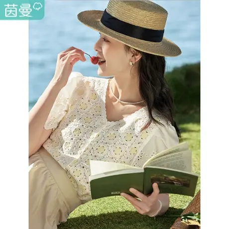 茵曼田园清新针织衫2023夏季女装新款修身镂空花边V领泡泡袖上衣图片