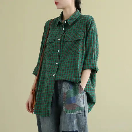 dza文艺 纯棉格子衬衫女士长袖宽松衬衣2022新款秋季韩版休闲上衣图片