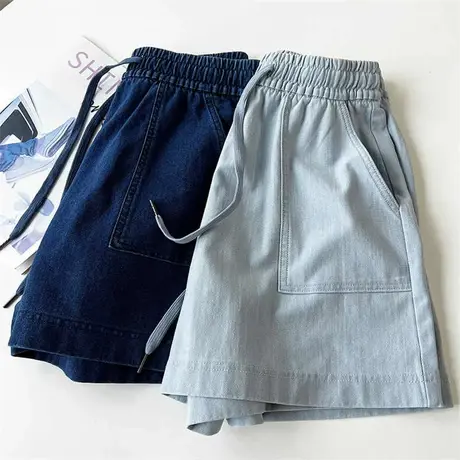 柔软水洗棉牛仔短裤女夏季新款时尚松紧腰抽绳百搭A字阔腿热裤潮商品大图