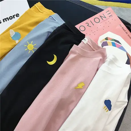 韩版秋季chic简约宽松纯色学生百搭ins糖果色长袖t恤上衣打底衫女商品大图