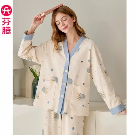 芬腾睡衣女2025年春季新款纯棉V领长袖可爱休闲加大码家居服套装商品大图