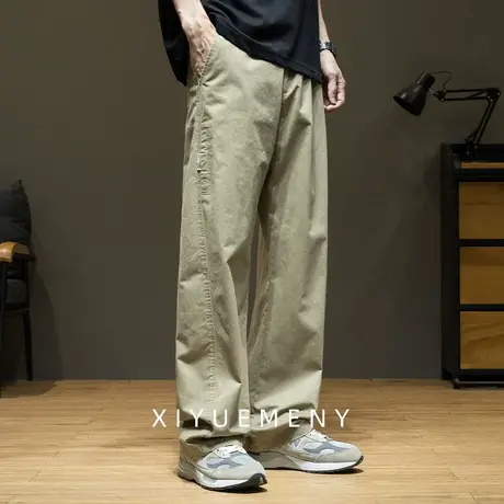 美式复古纯棉休闲裤男士夏季卡其色拖地长裤子宽松大码简约直筒裤商品大图