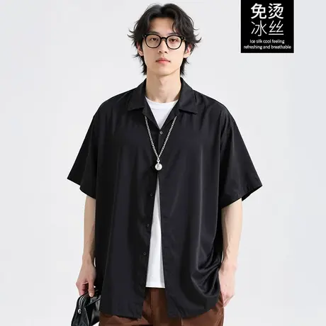 冰丝衬衫男短袖2025夏季加肥加大码黑色高级休闲衬衣垂感宽松上衣商品大图