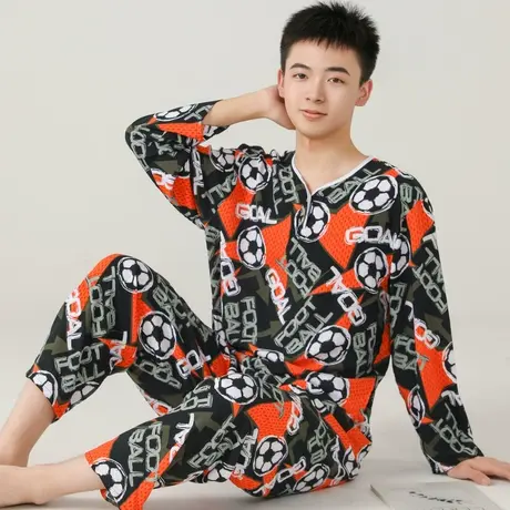 青少年棉绸睡衣男童夏季薄款长袖初中生家居服学生大童人造棉套装商品大图