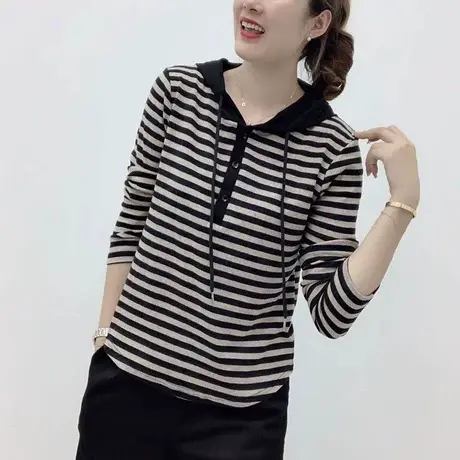 连帽长袖t恤女打底衫休闲2023新款春秋季薄款条纹卫衣带帽上衣潮商品大图