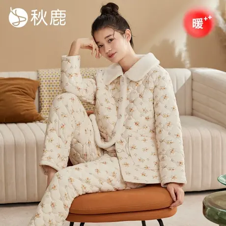 秋鹿【防静电】三层加厚夹棉睡衣女秋冬纯棉高级感碎花棉袄家居服商品大图
