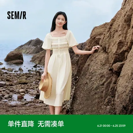 森马连衣裙女方领泡泡袖修身气质2024夏季新款民族风长裙优雅裙子图片