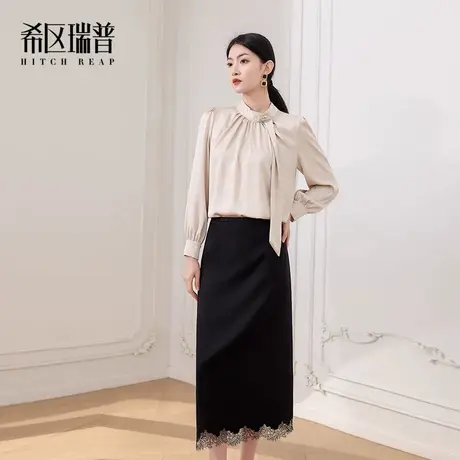 【希区瑞普】2025新款立领方钻装饰飘带浮雕纯色长袖雪纺衬衫女商品大图