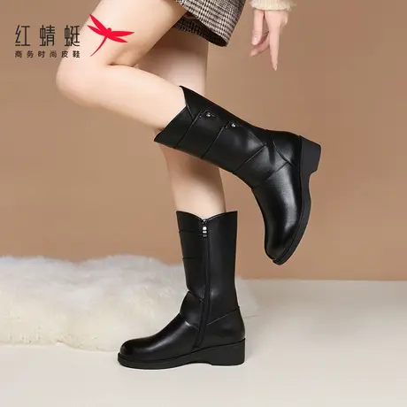 红蜻蜓冬季加绒加厚东北妈妈靴棉靴长筒靴女靴子新款高筒真皮皮靴商品大图