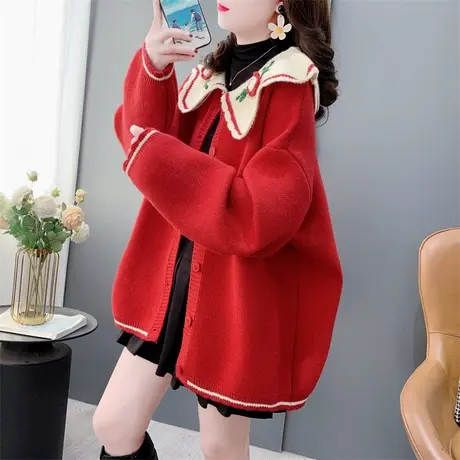 甜美减龄花朵娃娃领毛衣外套女秋冬2024年新款宽松温柔风针织开衫图片
