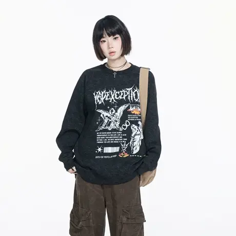 YEP复古黑色印花圆领卫衣男女春季新款插肩袖情侣装宽松无帽上衣商品大图