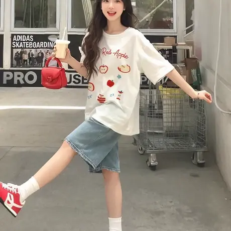 大码短袖t恤女纯棉韩系穿搭慵懒松弛感半袖超好看独特漂亮上衣ins商品大图