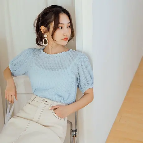 桔熊夏季通勤立体纹路泡泡袖微透罩衫短袖薄款上衣女大码AB15594商品大图