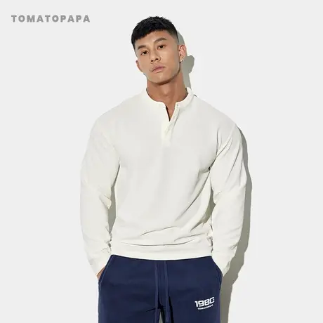 TOMATOPAPA秋季新款亨利领长袖t恤简约纯色百搭打底运动健身上衣商品大图