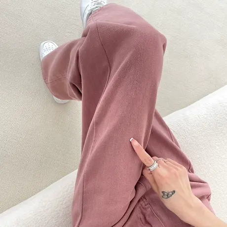 粉色阔腿牛仔裤女春秋2023年新款高腰窄版宽松显瘦ins小众直筒裤商品大图