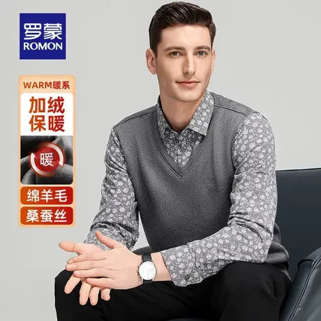 【含羊毛+桑蚕丝】罗蒙男士假两件针织衫2025冬季新款加绒毛线衣商品大图