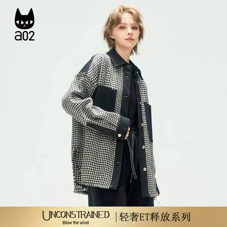 a02【ET释放系列】宽松黑白格子外套女2025新款秋季翻领衬衣上衣商品大图