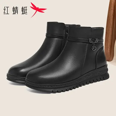 红蜻蜓女鞋冬季加厚加绒保暖棉靴真皮复古短靴厚底休闲英伦马丁靴图片