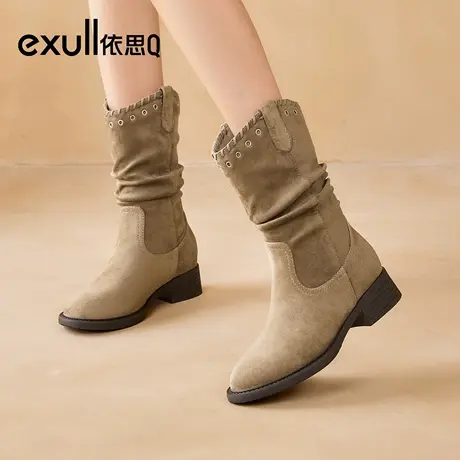 exull/依思Q2025秋冬新款复古尖头粗跟马丁靴女加绒堆堆靴中筒靴图片