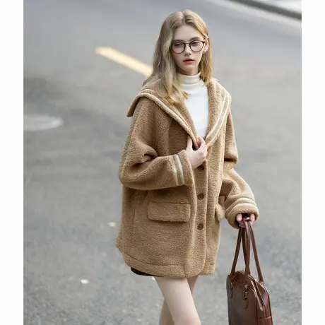 唐狮秋冬新款女厚外套毛茸茸学院风女海军领中长款仿羔毛外套TUTA商品大图