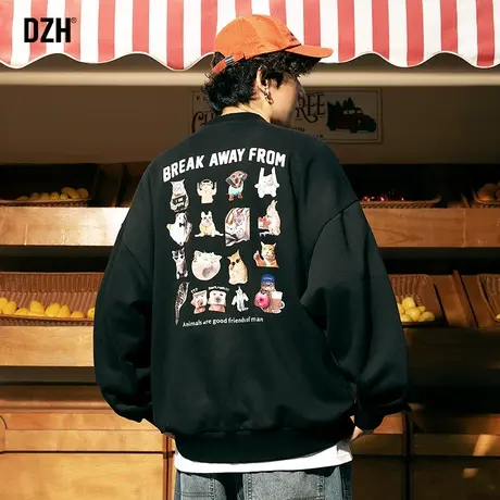 男生卡通印花卫衣男春秋季圆领潮牌男装2023新款长袖黑色上衣宽松商品大图