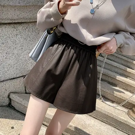 松紧高腰皮短裤女2022春秋新款休闲阔腿裤大码胖mm黑色pu皮靴裤子图片