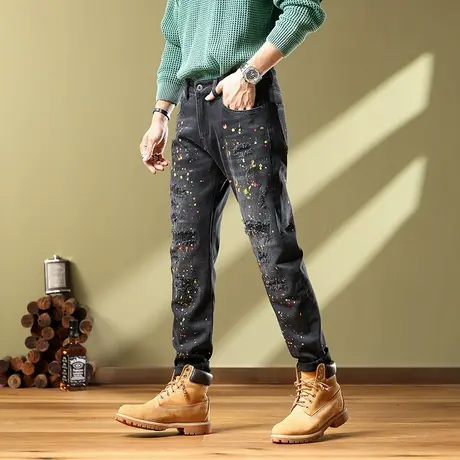 休闲小直筒牛仔裤破洞高街男士时尚潮流修身百搭宽松休闲牛仔裤子图片