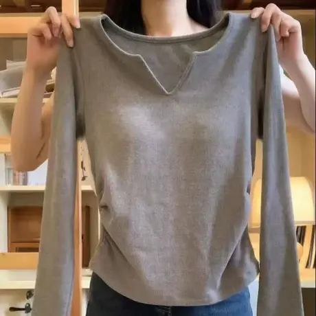 ins超火v领德绒打底衫女内搭秋冬2023新款潮外穿长袖T恤短款上衣商品大图