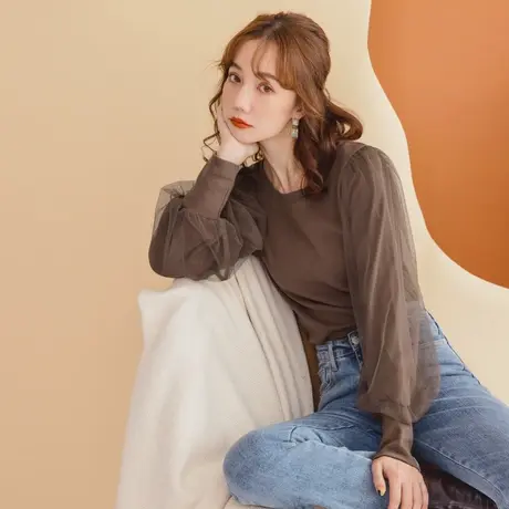 桔熊秋冬季浪漫纯色双层网纱泡泡袖磨毛棉毛衫上衣女大码AB13569图片