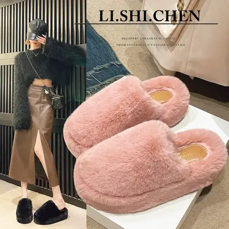 毛绒棉拖外穿秋冬毛毛加绒拖鞋女冬季包头毛毛拖鞋家居网红居家商品大图