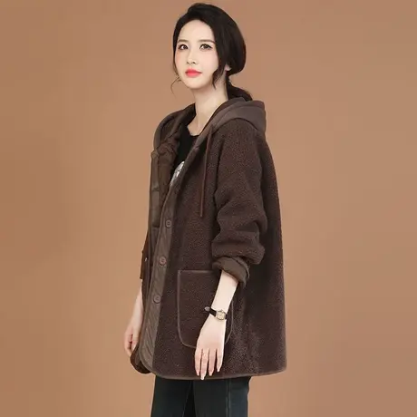 新品8.5折】连帽摇粒绒中长款外套女休闲百搭显瘦拼接上衣图片