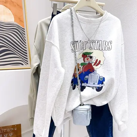 韩代款卫衣秋冬高级感灰色小熊加绒摇粒绒长袖上衣微胖显瘦穿搭商品大图