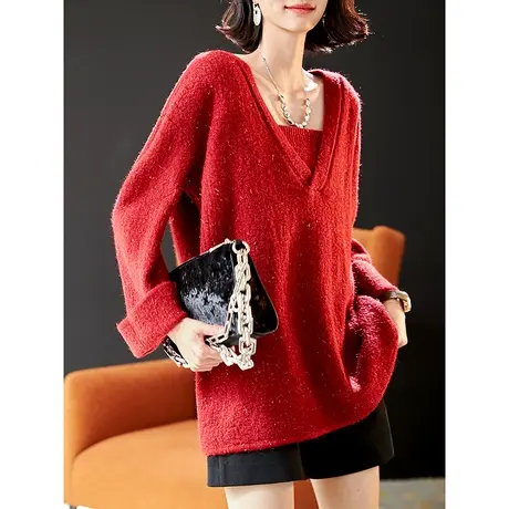 宝诗黎【新品价168元】V领亮丝宽松慵懒毛衣AIS5003商品大图