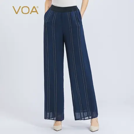 VOA真丝乔其撞料拼接中腰隐形侧拉对丝工艺双层微透桑蚕丝直筒裤商品大图