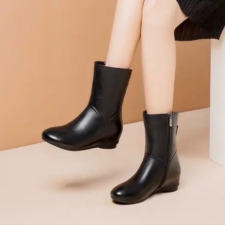 全真牛皮短靴女新款马丁靴平底内增高短靴女软牛皮中筒靴女休闲靴商品大图