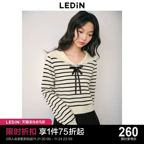 乐町甜美花边翻领卫衣23年秋冬女装条纹上衣少女感蝴蝶结卫衣商品大图