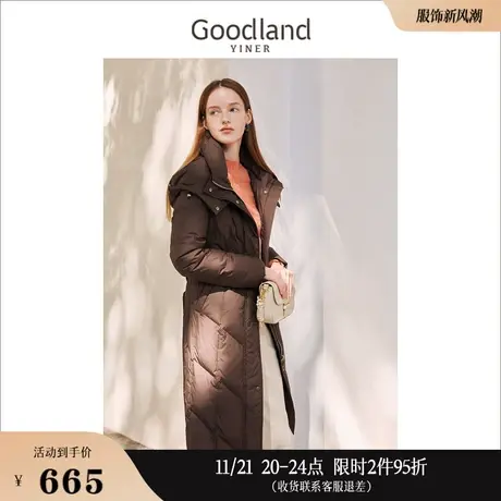 Goodland美地女装冬季连帽设计感中长款鸭绒立领廓形羽绒服商品大图